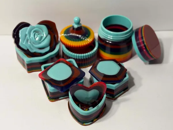 Layered Teal and Rainbow Trinket Box Collection